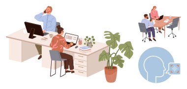 Ofis çalışanları bilgisayarları kullanıyor ve masalarda fikirleri tartışıyor, iş arkadaşları bir toplantıda stratejileri paylaşıyor, dijital iletişim kavramı geliştiriyor. Takım çalışması, iş, işbirliği, fikirler için ideal