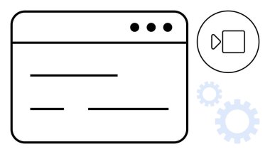 Minimalist tarayıcı pencere taslağı, video oynatma tuşu ve vites ögeleri. Teknoloji, UIUX tasarımı, çevrimiçi dersler, dijital iş akışları, işletim süreçleri, otomasyon ağı geliştirme için ideal
