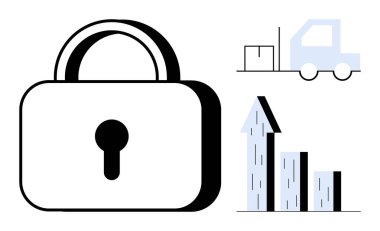 Asma kilit güvenliği sembolize eder. Yükselen büyüme eğilimleriyle ölçü çubuğu grafiği, paketli kamyonet. Lojistik, e-ticaret, veri koruması, büyüme stratejisi, siber güvenlik, iş planlaması için ideal