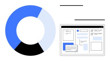Kontrol listeleri, pencereleri ve yorum kutularının olduğu ayrıntılı bir panelin yanında mavi ve siyah pasta çizelgesi. Analiz, kullanıcı arayüzü, veri yönetimi, iş stratejisi, proje planlaması, ilerleme için ideal