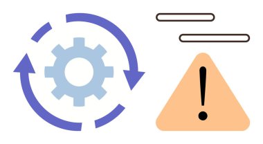 Bir dişlinin etrafındaki dairesel oklar, ünlem işaretli bir uyarı üçgeninin yanındaki operasyon döngülerini sembolize eder. Süreç iyileştirme, risk yönetimi, iş akışı, güvenlik, uyarı ve verimlilik için ideal