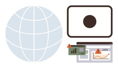 Dijital ekranlı bir dünya, veri grafikleri ve uyarı uyarıları. Siber güvenlik, veri analizi, teknolojik tehditler, küresel bağlantı, dijital izleme için ideal, çevrimiçi riskler basit düz metafor