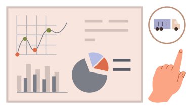 Elle ulaşım simgesi ile analitik grafiklerin, bar grafiğinin, pasta grafiğinin ve çizgi grafiğinin yanında etkileşir. İş stratejisi, lojistik, mali kararlar, pazar anlayışı ve veri takibi için ideal