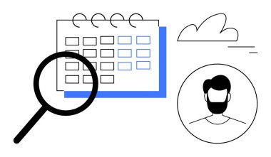 Bir takvim ızgarası, bulut simgesi ve kullanıcı profili üzerinde büyüteç. Zaman yönetimi, program planlaması, kullanıcı araştırması, profil takibi, görev önceliği, veri analizi basit iniş için ideal