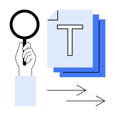 El ele tutuşan büyüteçler, işlemleri, arama ve veri akışını sembolize eden oklarla belgeleri inceliyor. Araştırma, analitik, veri işleme, iletişim, verimlilik ve teknoloji için idealdir.