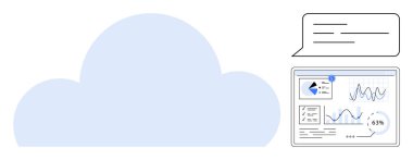 Büyük bulut simgesi, grafikler, çizelgeler ve bir iletişim baloncuğunun yer aldığı analitik gösterge paneliyle entegre edildi. Bulut hesaplama, veri işleme, teknoloji, işbirliği, analitik, bilişim için ideal