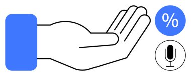 Mavi kollu, yüzde ve mikrofon simgeleriyle birlikte açık avuç içi. Finans, iletişim, destek, müşteri hizmetleri, erişilebilirlik, teknoloji ve basit iniş sayfası için ideal