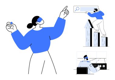 Kadın işaret edip tutuyor, erkek sütunların üstünde arama çubuğu kullanıyor, oturduğu yerde bilgisayar kullanıyor. Takım çalışması için ideal, analitik, beyin fırtınası, ilerleme, liderlik, problem çözme basit