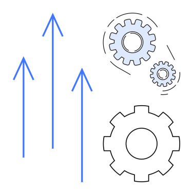 Mavi yukarı doğru giden oklar verimliliği, yeniliği ve ilerlemeyi sembolize eden ana hatlarıyla çizilmiş dişlilerle eşleştiriliyor. İlerleme, büyüme, takım çalışması, strateji, mühendislik sektörü başarısı için ideal. Basit düz