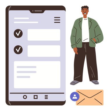 Görev kontrol listesi arayüzü olan akıllı telefon ekranı, günlük kıyafetler içindeki adam, zarf ve profil simgesi. Üretkenlik, iletişim, organizasyon, görev tamamlama, uygulama tasarım kullanıcı etkileşimi için ideal