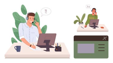 Ofis ortamında müşterilerle iletişim kurarken kulaklık kullanan iki kişi. Konuşma balonu, bitkiler, çalışma masaları dahil. Müşteri desteği, uzaktan çalışma, iletişim, takım çalışması için ideal