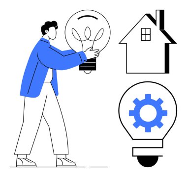 Ampul tutan bir adam, bir ev çizgisi ve ayrı bir ampulde vites. Yaratıcılık, yenilik, enerji verimliliği, ev çözümleri, sürdürülebilir tasarım teknolojisi için idealdir. Basit.