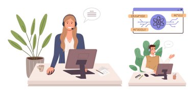 Destek için kulaklık ve bilgisayar kullanan bir kadın, atom diyagramı ile sanal arayüz, video görüşmesi yapan bir adam. Takım çalışması, müşteri hizmetleri, teknik destek, eğitim, uzaktan çalışma, bilim için ideal