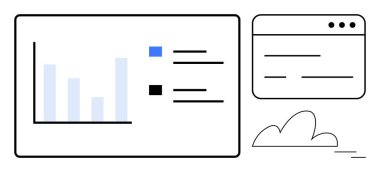 Bir bulut simgesi ile birleştirilmiş verileri, görev listesini ve tarayıcı pencere görüntüsünü karşılaştıran çubuk çizelgesi. Veri yönetimi, kullanıcı arayüzü, analitik, bulut hesaplama, dijital araçlar, üretkenlik için ideal