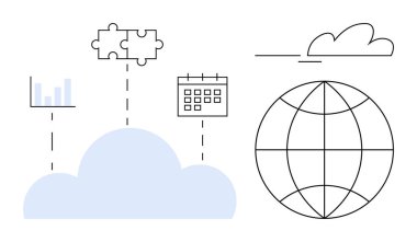 Veri tablosu, küresel küre, takvim, kesik çizgilerle bulmaca. Teknoloji, yenilik, bağlantı, küreselleşme veri yönetimi ekip çalışması bulut hizmetleri için idealdir. Basit düz