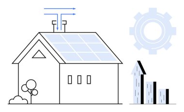 Güneş panelleri, hava akışı okları, teçhizatı ve büyüme çubuğu olan modern bir ev. Sürdürülebilirlik için ideal, yeşil enerji, yenilik, teknoloji, verimlilik veri analizi basit iniş sayfası