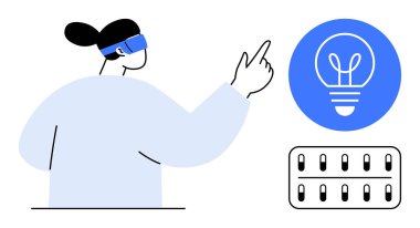 VR kulaklık takan kadın akıllı bir arayüz paneli olan bir ampulün dijital ikonuna bakıyor. Yenilik için ideal, VR, yapay zeka çözümleri, teknoloji, otomasyon, gelecek teknolojisi, basit iniş sayfası