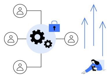 Gears takım çalışmasını sembolize eder, bağlı profiller ağ işbirliğini vurgular, kilit veri güvenliğini sağlar, oklar büyümeyi simgeler ve bir kişi aktif olarak bağlanır. Teknoloji ve iletişim için ideal