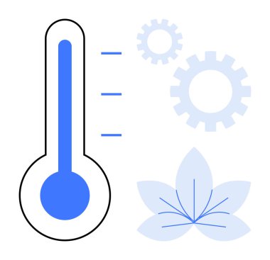 Seviyeli termometre, teknolojiyi gösteren dişliler ve doğayı sembolize eden yaprak. Sürdürülebilirlik, ekolojik yenilik, iklim, sağlık, enerji verimliliği, yeşil endüstri temiz teknoloji için idealdir.