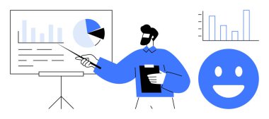 Pano tutan adam ekranda grafikleri, grafikleri ve pasta grafiğini sunuyor. Analiz, performans, eğitim, pazarlama, takım çalışması, liderlik için ideal