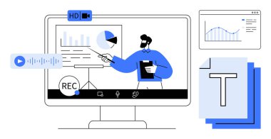 Öğretmen ekranda HD, ses kaydı ve metin simgeleriyle veri tabloları sunuyor. Eğitim için ideal, uzak çalışma, veri analizi, sunumlar, çevrimiçi öğrenme, sade iniş sayfası