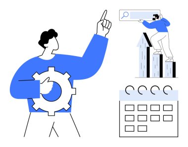 Teçhizat tutan kişi, büyüme grafiği, analiz için arama çubuğu ve planlama takvimi olan stratejiyi sembolize eden kişi. Üretkenlik, takım çalışması, planlama, organizasyon büyüme pazarlaması için ideal