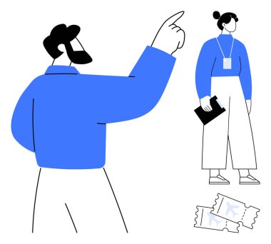 Konuşan iki profesyonel, biri el kol hareketi yaparken diğeri not panosu tutuyor. Biletler yere. Takım çalışması için ideal, iletişim, organizasyon, planlama, etkinlikler, konferans dairesi