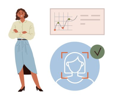 Yükselen veri tablosunun yanında katlanmış kolları olan kendine güvenen bir kadın ve işaretli yüz tanıma ikonu. Analiz, teknoloji, kimlik, takım çalışması, başarı, sunum için ideal