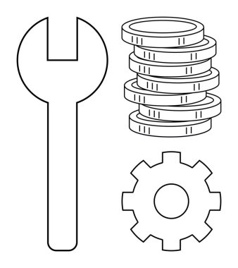 İngiliz anahtarı, çark ve araçları, ayarları, zenginliği ve iş optimizasyonunu temsil eden bir yığın bozuk para. Konseptler için ideal finansal hizmetler, mühendislik, bakım yatırımları