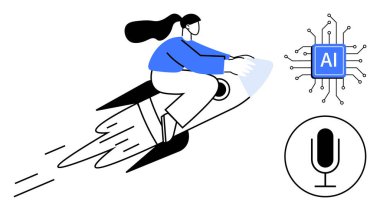 Kalın ve modern tarzda bir roketin üstünde uçan kadın, yapay zeka çipi ve mikrofon. Yapay zeka, yenilik, gelecekteki teknoloji, yaratıcılık, dijital dönüşüm, iletişim için ideal basit iniş sayfası