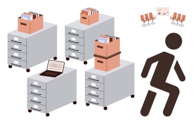 Kutulu dolaplar, dizüstü bilgisayar, sandalyeli konferans alanı, beyaz tahta, yürüyen figür sembolü. Çalışma alanı organizasyonu, üretkenlik, takım çalışması, proje yönetimi, arşivler için ideal