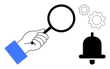 Uyarı zili ve viteslere odaklanmış bir şekilde el ele tutuşan büyüteç. Arama, uyarı sistemi, problem çözme, verimlilik, iş akışı, otomasyon, basit iniş sayfası için ideal