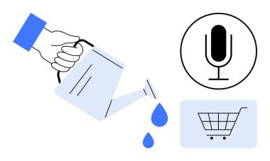 El ele tutuşan su bidonları mikrofon ve alışveriş arabası grafiklerinin yanına damlıyor. Büyüme, yetiştirme, iletişim, e-ticaret, yenilik, pazarlama, teknoloji veya basit bir iniş sayfası için ideal