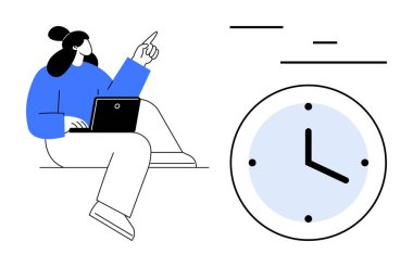 Dizüstü bilgisayarda çalışan bir kadın, minimalist çizgileri olan büyük bir saatin yakınına işaret ediyor. Üretkenlik, zaman izleme, zaman yönetimi, zamanlama, uzak çalışma, odaklanma, basit iniş sayfası için ideal