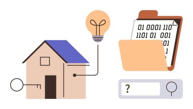 Ampule bağlı akıllı kilidi olan ev enerjiyi simgeliyor, ikili kodlu dijital klasör ve arama simgesi. Teknoloji için ideal, siber güvenlik, yenilik, akıllı ev, enerji verimliliği, veri