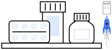 Raflarda tabletler, şişeler ve yenilik öneren roketlerle dolu ilaçlar. Sağlık, eczane, ilaç, ilerleme, bilimsel yenilik ve büyüme için idealdir. Basit düz metafor