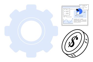Büyük teçhizat süreci ya da sistemi simgeler, dolar madeni parayı temsil eder ve tablo veri analizini ön plana çıkarır. Finans, iş stratejisi, teknoloji, analitik, otomasyon, pazarlama için ideal