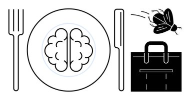 Beyin tabakta servis ediliyor. Çantanın yanında kap kacak ve uçan böcekler var. Stres, yaratıcılık, öncelikler, iş hayatı dengesi, karar verme, farkındalık, soyut fikirler için idealdir. Basit düz
