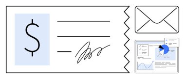 Dolar işareti, imza, zarf ve grafikleri gösteren analitik paneli olan büyük bir kontrol. Finans, bankacılık, muhasebe, maaş bordrosu, bütçe, fatura dijital araçlar için idealdir basit iniş sayfası