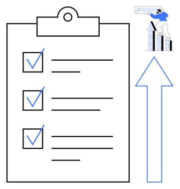 Kontrol işaretli büyük bir pano ve büyüteçle çubuk grafik büyümesini analiz eden bir işadamı. İş, planlama, hedefler, strateji, büyüme, üretkenlik ve başarı için idealdir. Basit düz