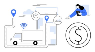 Dijital haritada teslimat kamyonu, konum şifreleri, kablosuz sinyaller, kargo sandığı, para sembolü ve tabletli bir kişi. Lojistik, tedarik zinciri, teknoloji dağıtımı e-ticaret için ideal