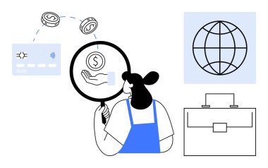 Elinde büyüteç tutan kadın parayı inceliyor. Küresel ikon, kredi kartı ve evrak çantası finans, ekonomi, dijital ödemeler, küresel bağlantılar, iş analizleri ve kariyer büyümesini gösteriyor. Basit.
