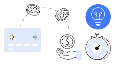 Kredi kartı, yüzen paralar, kronometre, bozuk para yakalayan el ve ampul ikonu. İş, ödeme, finans, yenilik zamanı verimlilik teknolojisi için ideal basit iniş sayfası