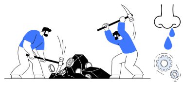 Balyozla ve kazmalarla kömür kıran iki işçi, kirliliği veya işgücü zorluklarını simgeleyen sıvı damlayan bir burun, çabanın metaforu. Endüstri, enerji, emek ve mücadele için ideal