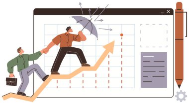 Büyüme okunda mücadele eden iki profesyonel, bir tanesi veri gösterge paneli ve teçhizatla çerçevelenmiş şemsiyeli destek sunuyor. Takım çalışması, büyüme, liderlik, strateji için ideal