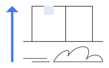 Basit yapı çizgilerinin, hız çizgilerinin ve soyut bulutların yanında yükselen mavi ok. Büyüme, gelişme, gelişme, yenilik, yükselme hırsı vizyonu için idealdir. Basit düz metafor