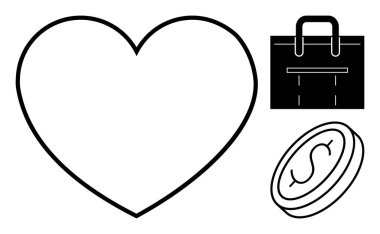 Kalp, evrak çantası ve para ana hatları iş, finans, aşk, sağlık, iş, yaşam tarzı ve denge temaları. Ticari kavramlar için idealdir finans uygulamaları için kariyer refahı sade düz olmak için