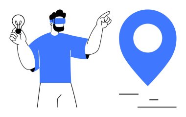 Elinde ampul tutan adam bir fikri sembolize ederken konum pimini gösteriyor, navigasyonu temsil ediyor. Yaratıcılık, yenilik, konum hizmetleri, fikirler, girişimcilik, karar verme mekanizması için ideal