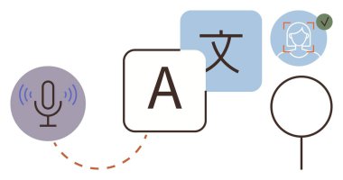 Mikrofon, alfabe, karakter taşı, büyüteç, yüz kimliği ve işaret. Dil için ideal, çeviri tanıma erişilebilirliği ses teknolojisi metin analizi dijital araçlar. Basit.