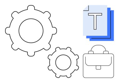 Büyük ve küçük vitesler, üst üste dizilmiş metin belgeleri ve bir evrak çantası üretkenliği, takım çalışmasını, süreç optimizasyonunu, ofis görevlerini, organizasyonu, iş akışını, basit iniş sayfasını vurguluyor.
